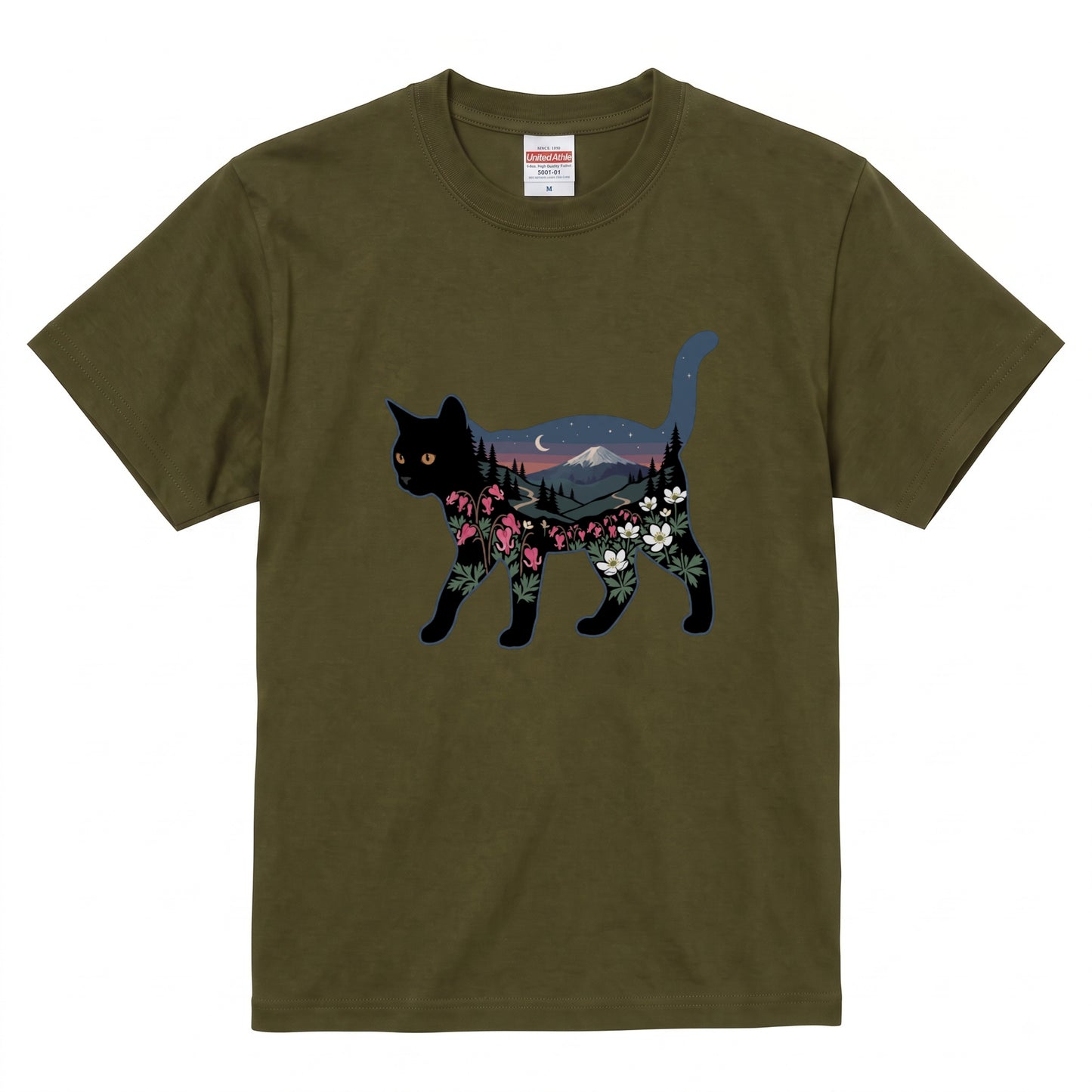 富士山と花咲く夜空 黒猫Tシャツ
