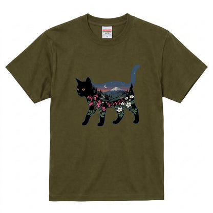 富士山と花咲く夜空 黒猫Tシャツ
