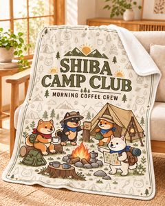 Shiba Camp Club V2 柴犬 キャンプ 総柄 アイボリー ブランケット | モーニングクルー