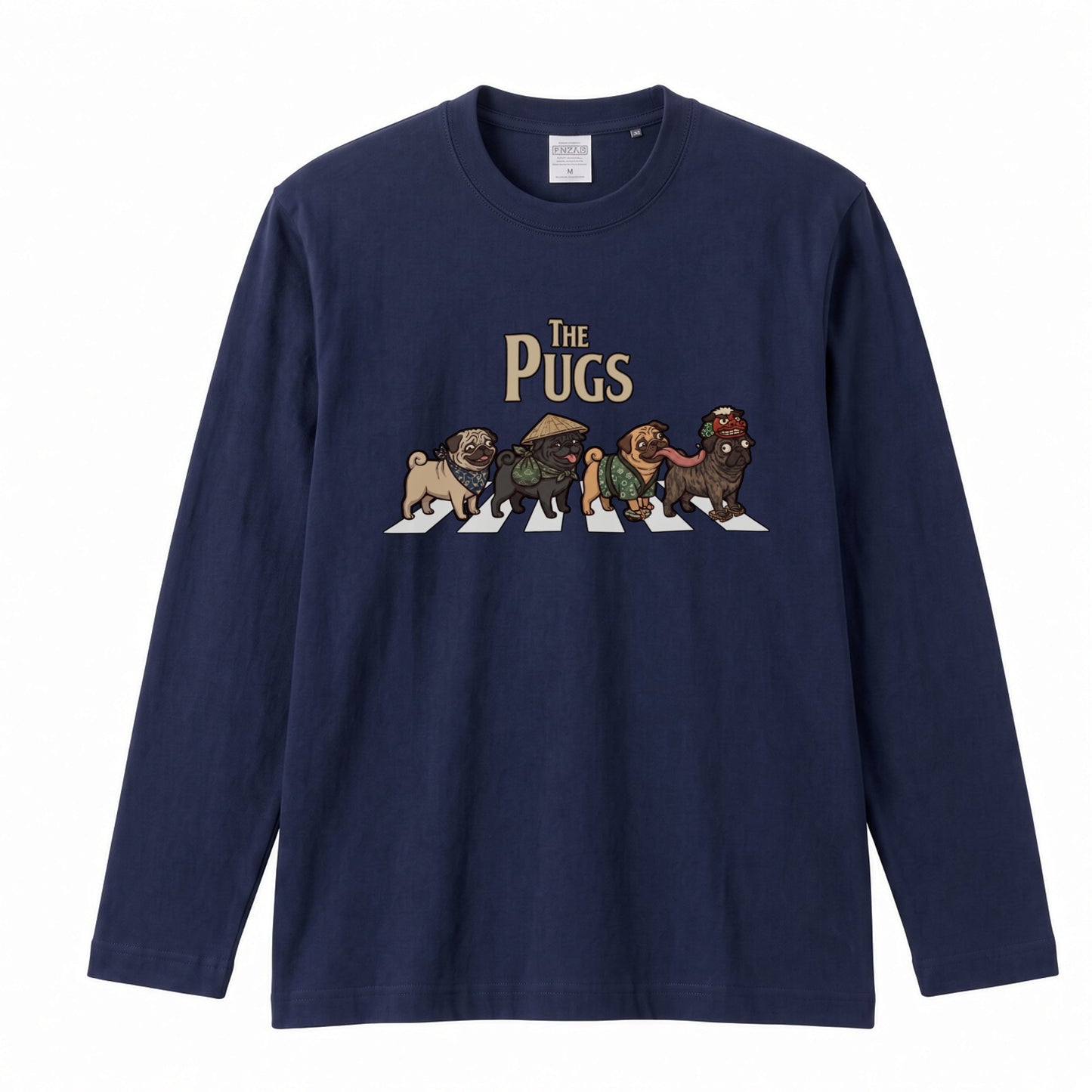 THE PUGS パグ散歩デザイン ブラック長袖Tシャツ