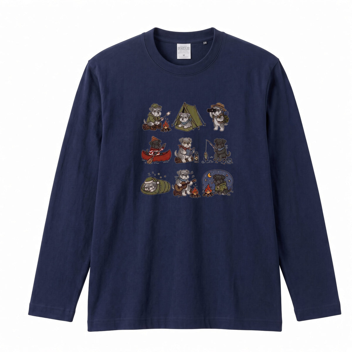 SCHNAUZER CAMP | 手描き風 シュナウザー キャンプギア かわいい グラフィック 長袖Tシャツ【犬雑貨・秋キャンプ・ルームウェア・ギフトに最適】