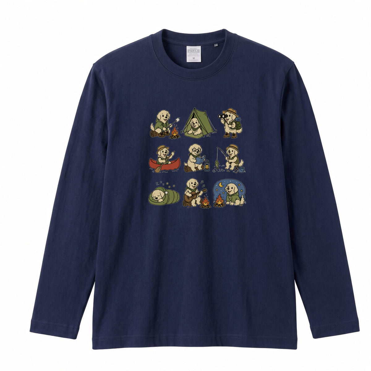 GOLDEN CAMP | 手描き風 ゴールデンレトリバー キャンプギア かわいい グラフィック 長袖Tシャツ【犬雑貨・秋キャンプ・ルームウェア・ギフトに最適】
