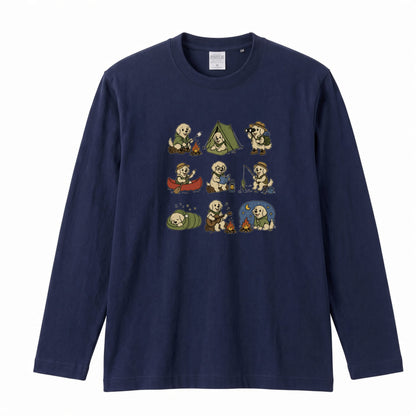 GOLDEN CAMP | 手描き風 ゴールデンレトリバー キャンプギア かわいい グラフィック 長袖Tシャツ【犬雑貨・秋キャンプ・ルームウェア・ギフトに最適】