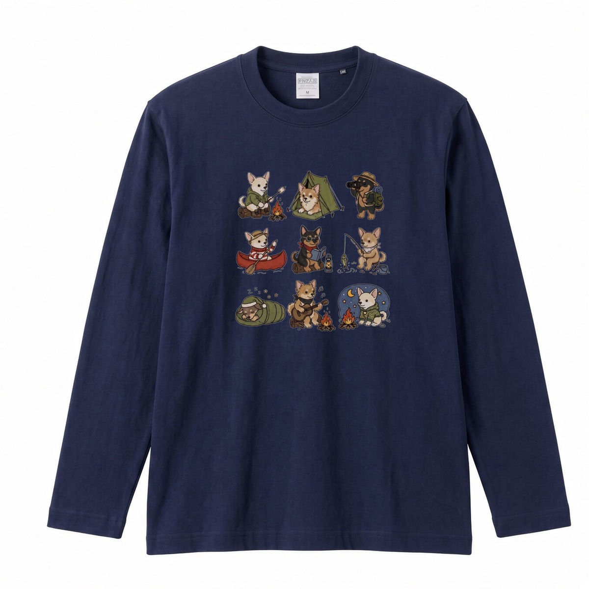 CHIHUAHUA CAMP | 手描き風 チワワ キャンプギア かわいい グラフィック 長袖Tシャツ【犬雑貨・秋キャンプ・ルームウェア・ギフトに最適】