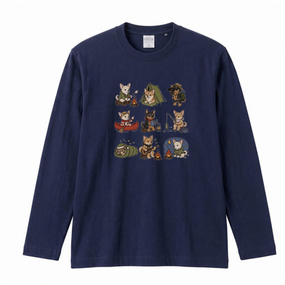 CHIHUAHUA CAMP | 手描き風 チワワ キャンプギア かわいい グラフィック 長袖Tシャツ【犬雑貨・秋キャンプ・ルームウェア・ギフトに最適】
