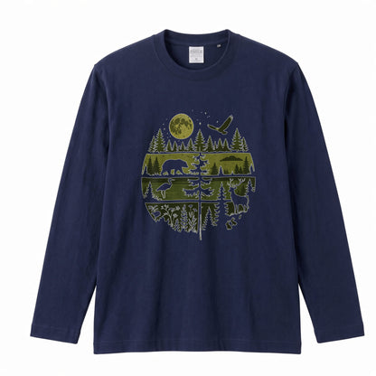 WILDLIFE FOREST ロンT | レトロ サークルグラフィック 森林浴 長袖 カジュアル Tシャツ【アウトドアファッション・普段着・ルームウェア・ユニセックス・ギフトに最適】