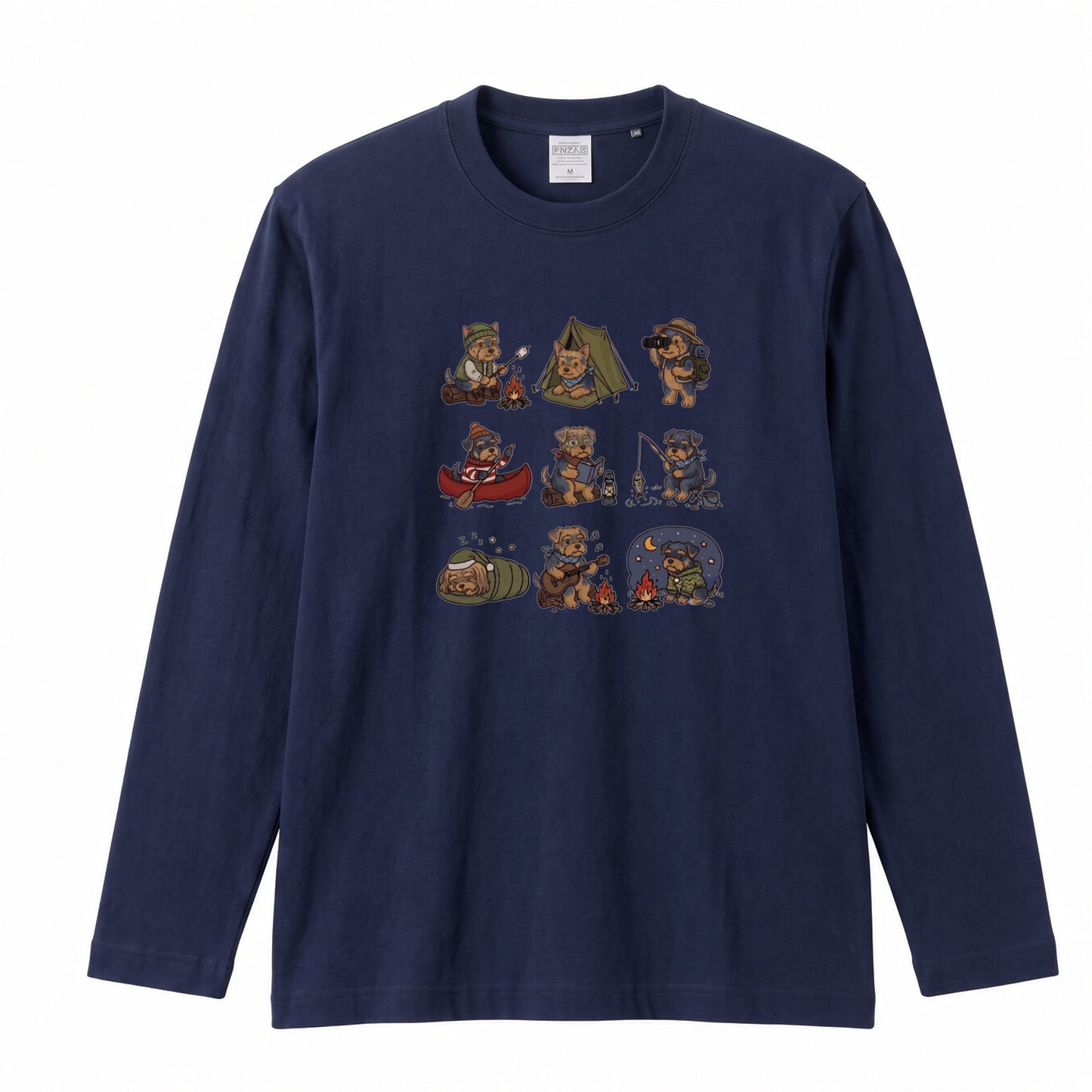 YORKIE CAMP | 手描き風 ヨーキー キャンプギア かわいい グラフィック 長袖Tシャツ【犬雑貨・秋キャンプ・ルームウェア・ギフトに最適】