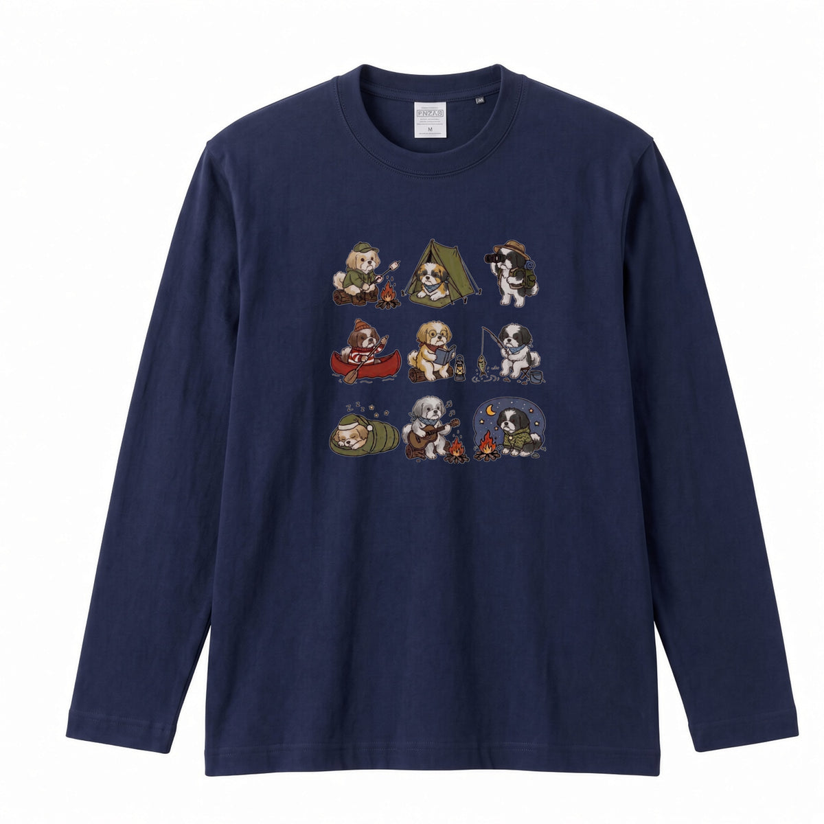 SHIH TZU CAMP | 手描き風 シーズー キャンプギア かわいい グラフィック 長袖Tシャツ【犬雑貨・秋キャンプ・ルームウェア・ギフトに最適】