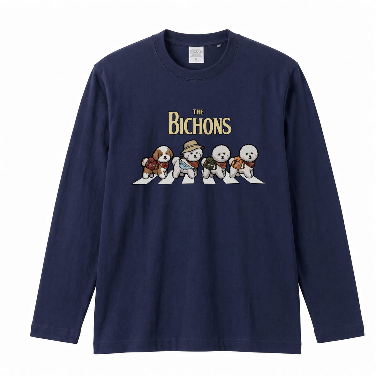 THE BICHONS ビションフリーゼ散歩デザイン ブラック長袖Tシャツ