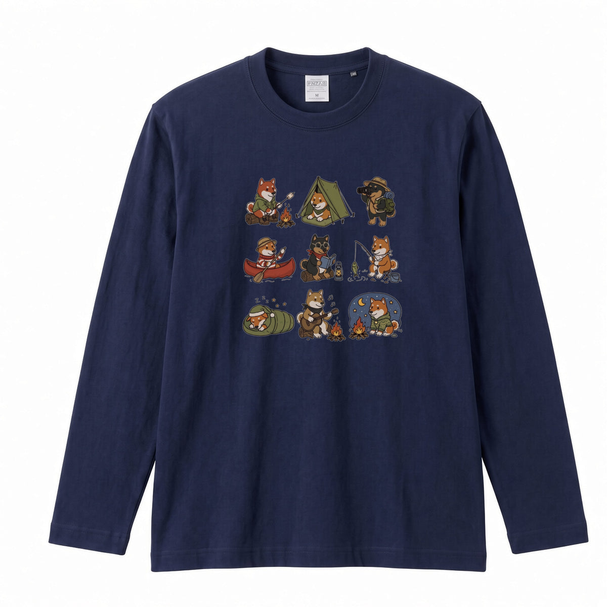 SHIBA CAMP | 手描き風 柴犬 キャンプギア かわいい グラフィック 長袖Tシャツ【和犬雑貨・秋キャンプ・アウトドア・ギフトに最適】