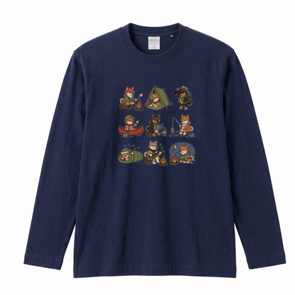 SHIBA CAMP | 手描き風 柴犬 キャンプギア かわいい グラフィック 長袖Tシャツ【和犬雑貨・秋キャンプ・アウトドア・ギフトに最適】