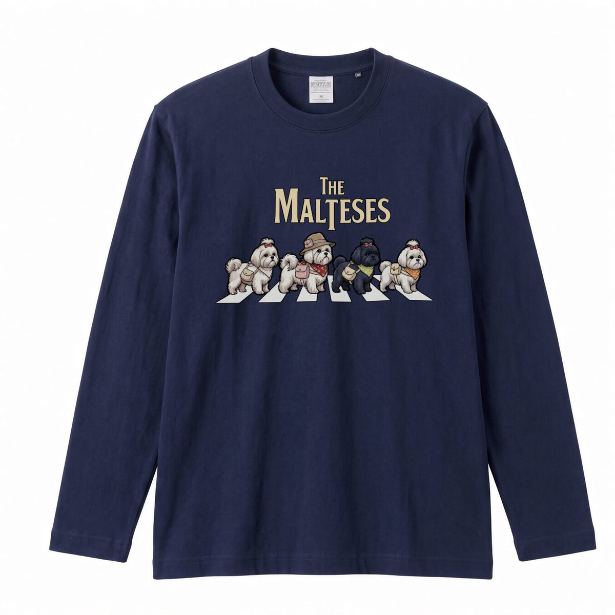 THE MALTESES マルチーズ散歩デザイン ブラック長袖Tシャツ