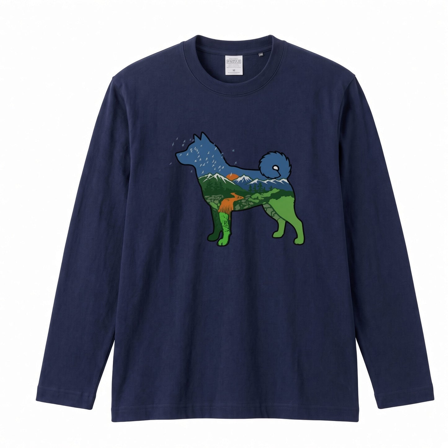 NATURE DOG ロンT | 日本犬シルエット 山と森 アートグラフィック 長袖 カジュアル Tシャツ【ドッグウェア・普段着・ルームウェア・ユニセックス・ギフトに最適】