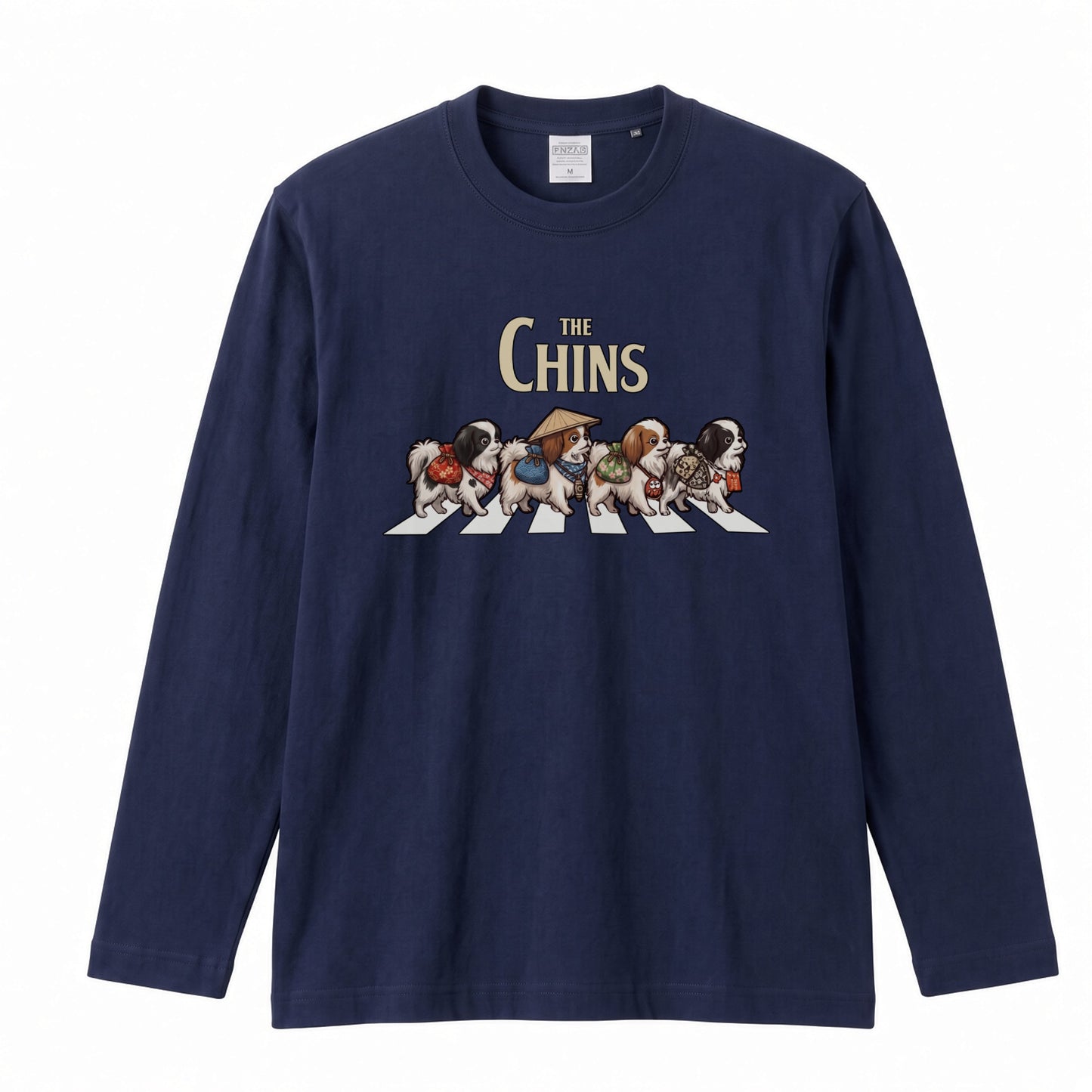 THE CHINS 狆（ちん）散歩デザイン ブラック長袖Tシャツ