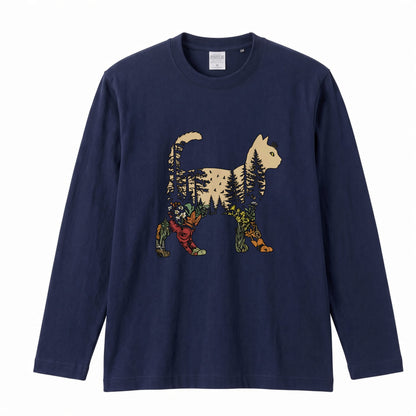 FOREST CAT ロンT | レトロ ボタニカルキャット アートグラフィック 長袖 カジュアル Tシャツ【猫ファッション・普段着・ルームウェア・ユニセックス・ギフトに最適】