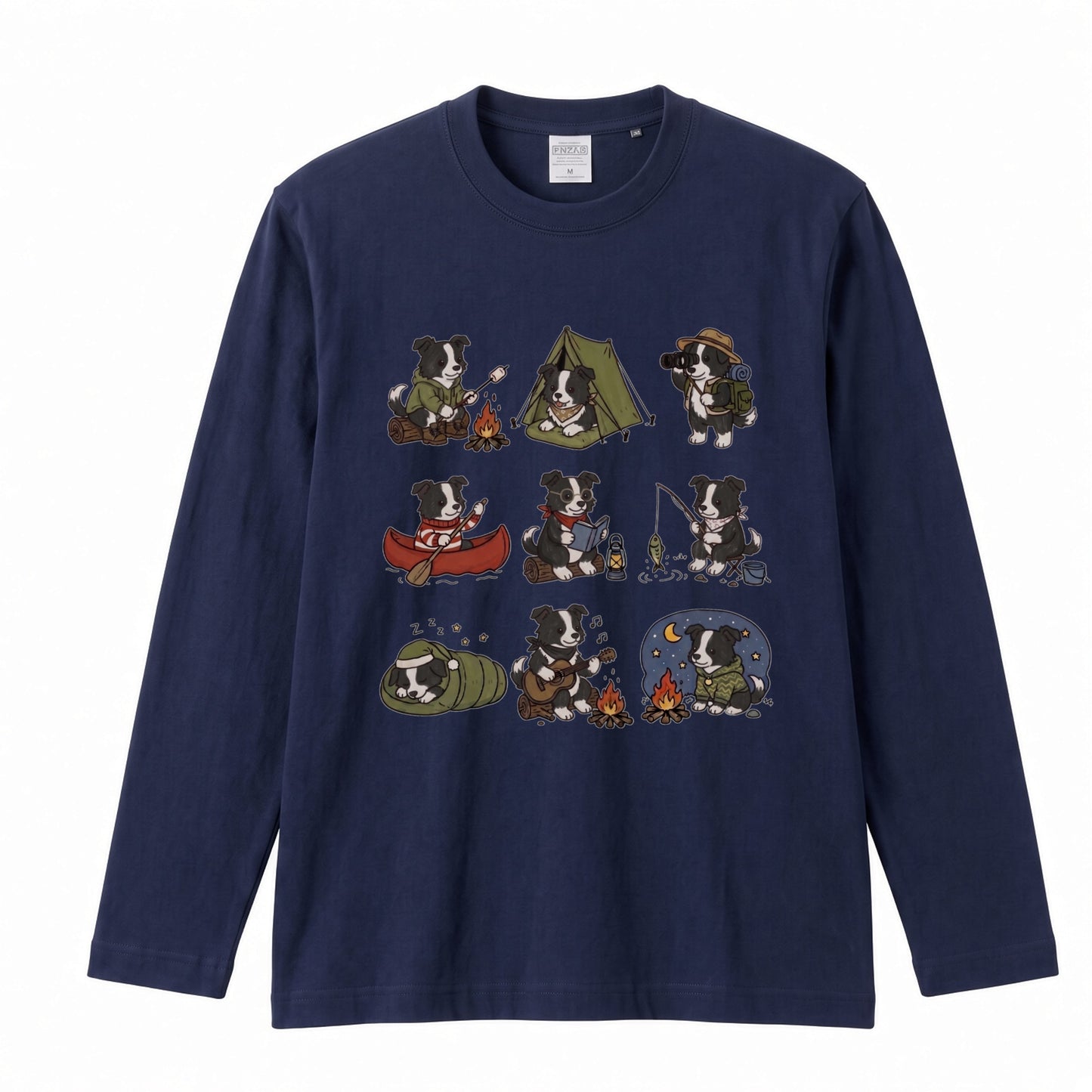 BORDER COLLIE CAMP | 手描き風 ボーダーコリー キャンプギア かわいい グラフィック 長袖Tシャツ【犬雑貨・秋キャンプ・ルームウェア・ギフトに最適】