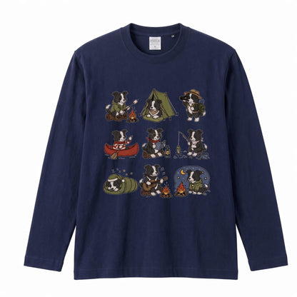 BORDER COLLIE CAMP | 手描き風 ボーダーコリー キャンプギア かわいい グラフィック 長袖Tシャツ【犬雑貨・秋キャンプ・ルームウェア・ギフトに最適】