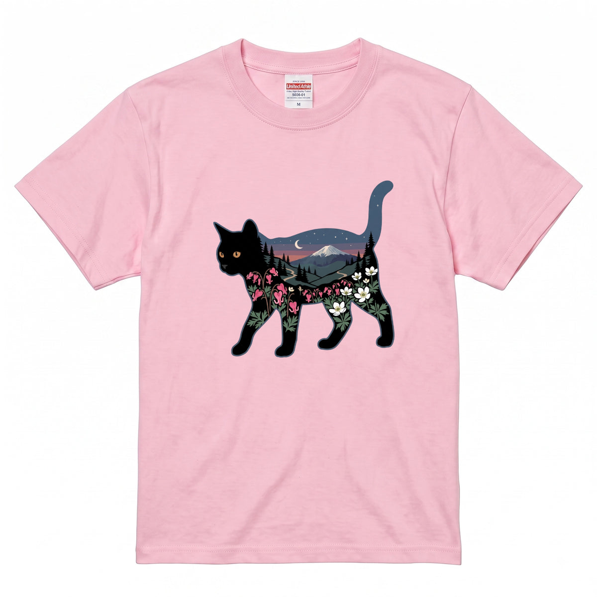 富士山と花咲く夜空 黒猫Tシャツ