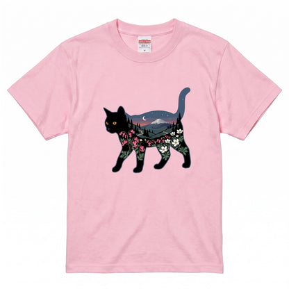 富士山と花咲く夜空 黒猫Tシャツ