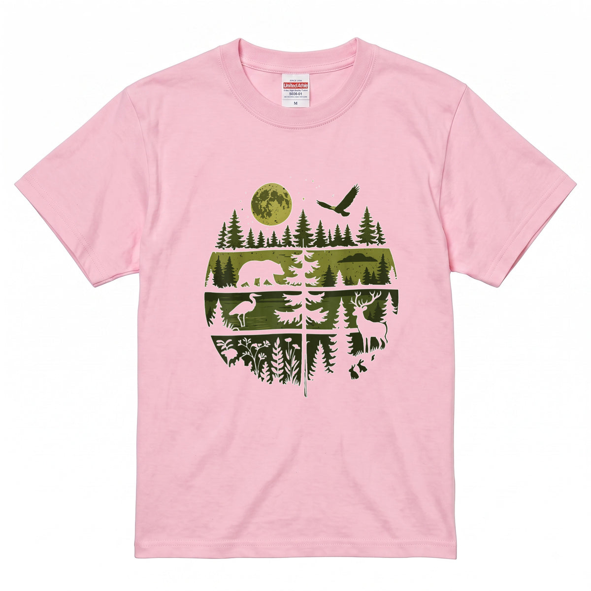【Wildlife Forest Animals】月夜の森と野生動物 アート層グラフィック 白Tシャツ | CAMPMODE