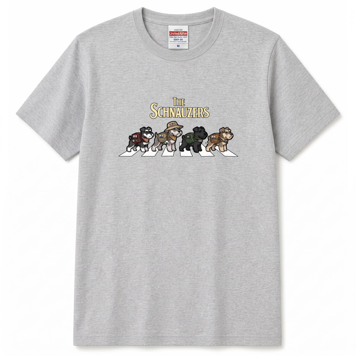 THE SCHNAUZERS 横断歩道 キャンプ ゆるかわ パロディTシャツ 【犬好き・愛犬家・アウトドア・ギフトに最適】