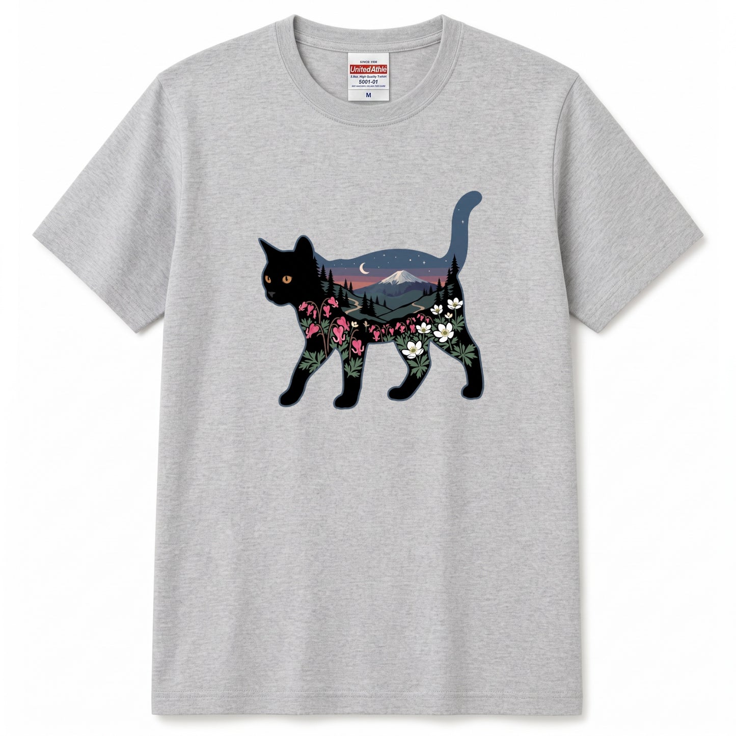 富士山と花咲く夜空 黒猫Tシャツ