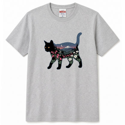 富士山と花咲く夜空 黒猫Tシャツ