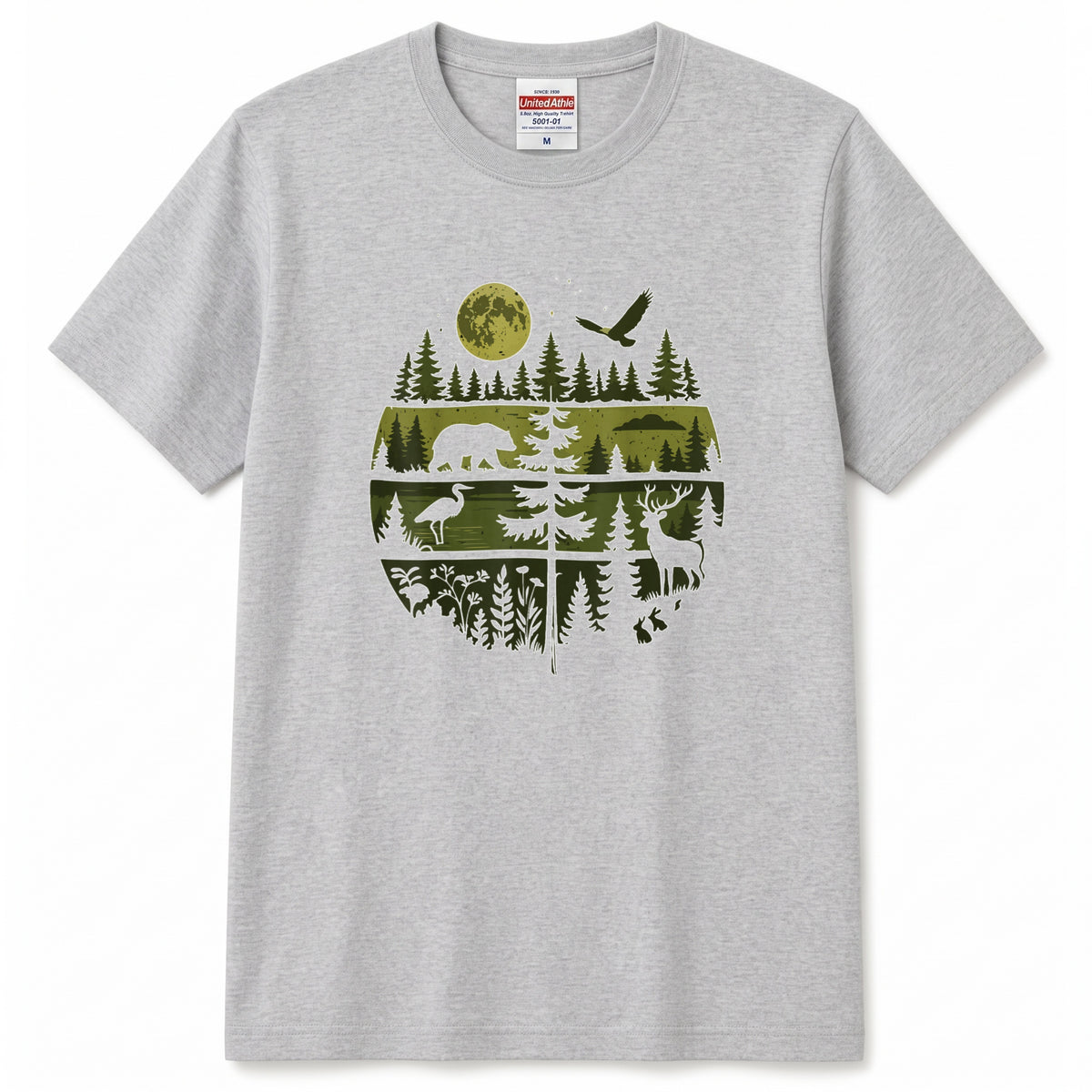 【Wildlife Forest Animals】月夜の森と野生動物 アート層グラフィック 白Tシャツ | CAMPMODE