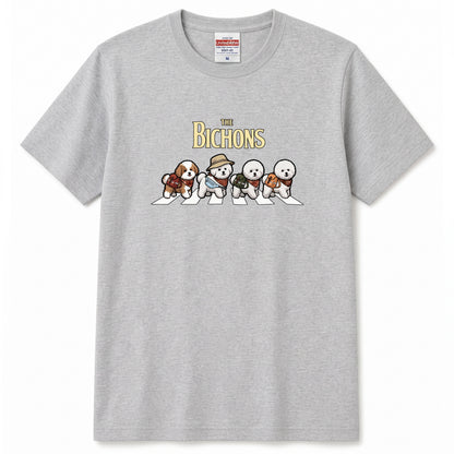 THE BICHONS 横断歩道 キャンプ ゆるかわ パロディTシャツ 【犬好き・愛犬家・アウトドア・ギフトに最適】