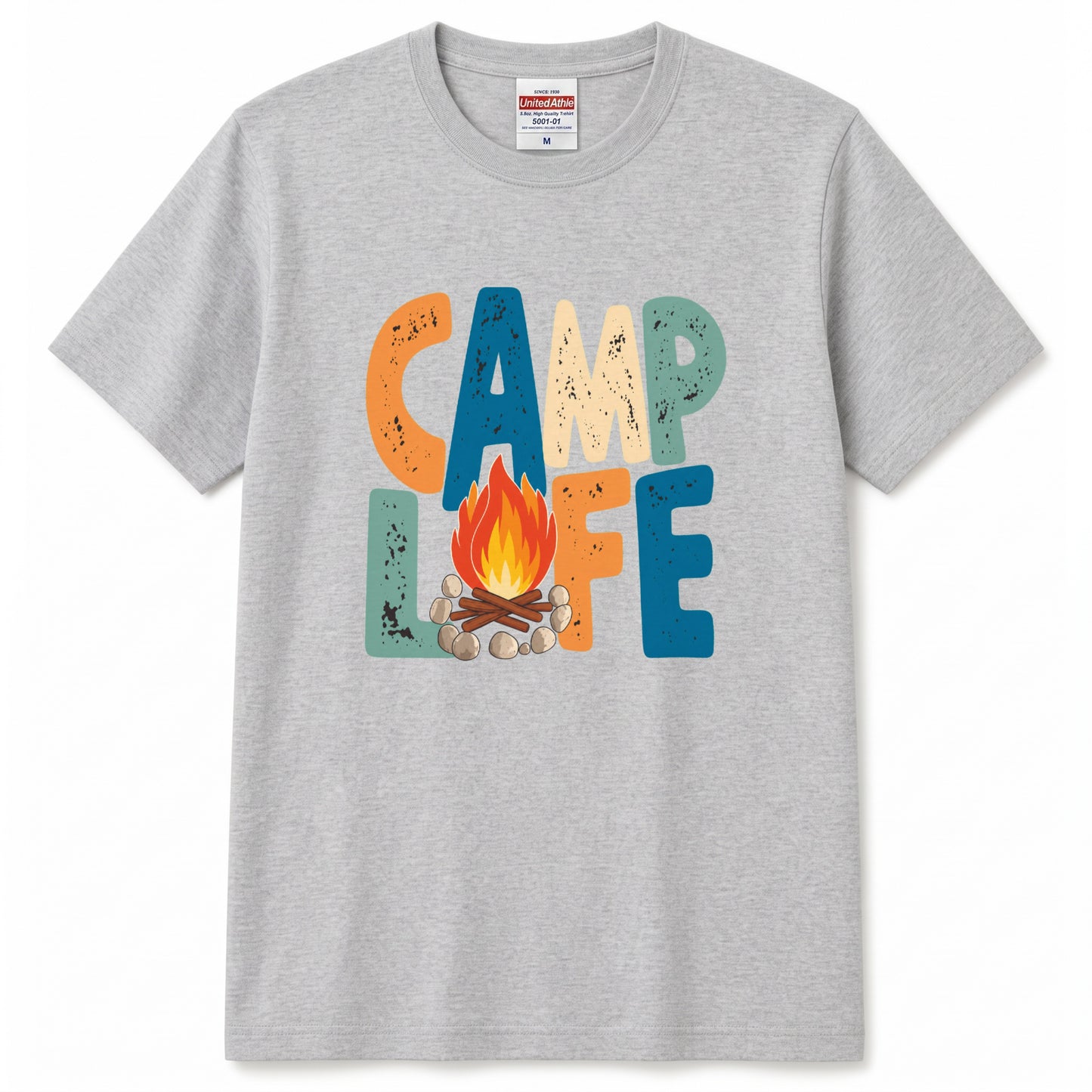 レトロ 「CAMP LIFE」 キャンプ Tシャツ - ヴィンテージ風 70年代 焚き火 グラフィックTシャツ アウトドア 服
