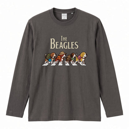 THE BEAGLES ビーグル犬散歩デザイン ホワイト長袖Tシャツ