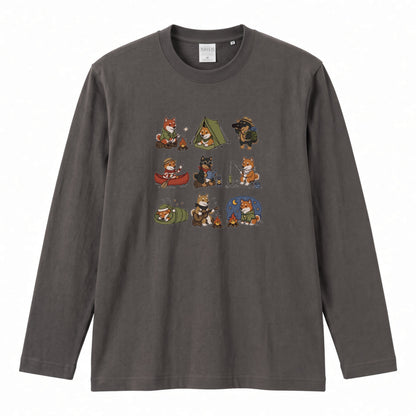 SHIBA CAMP | 手描き風 柴犬 キャンプギア かわいい グラフィック 長袖Tシャツ【和犬雑貨・秋キャンプ・アウトドア・ギフトに最適】