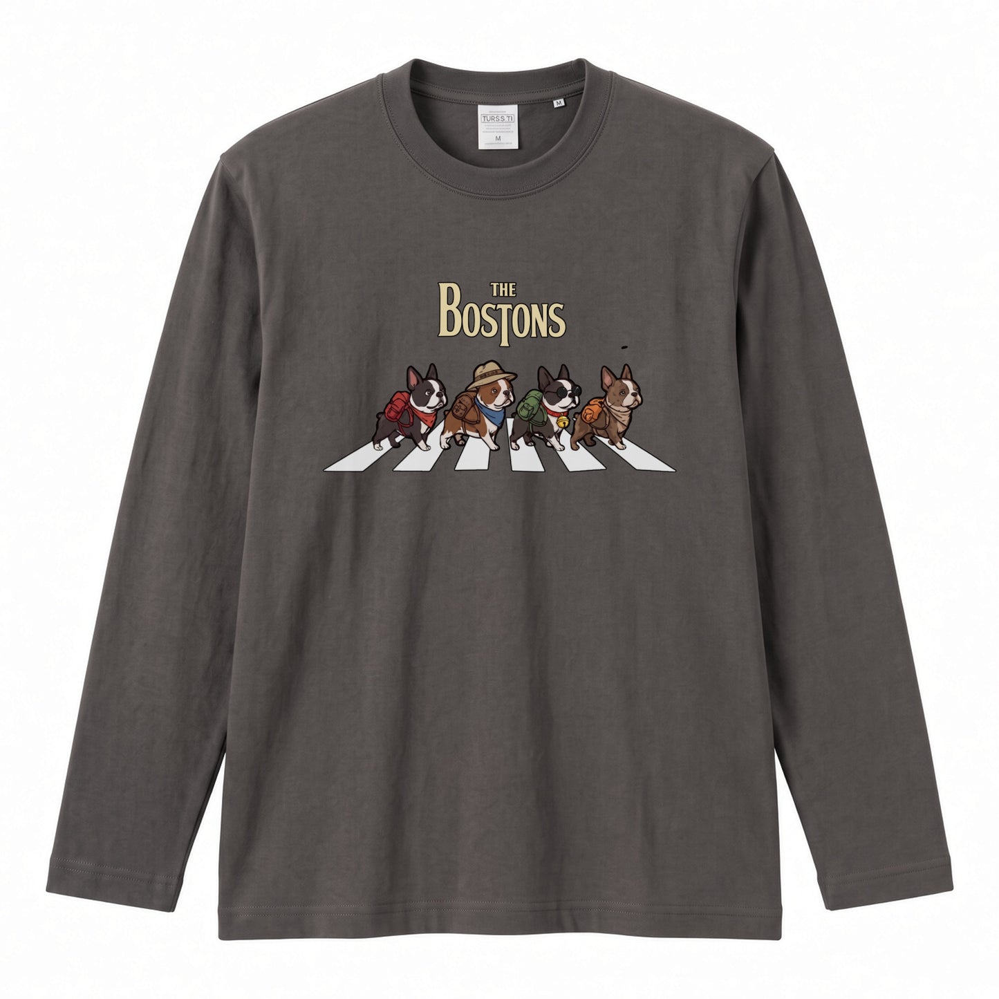THE BOSTONS ボストンテリア散歩デザイン ブラック長袖Tシャツ