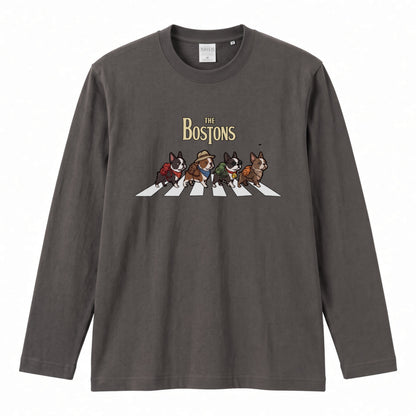 THE BOSTONS ボストンテリア散歩デザイン ブラック長袖Tシャツ