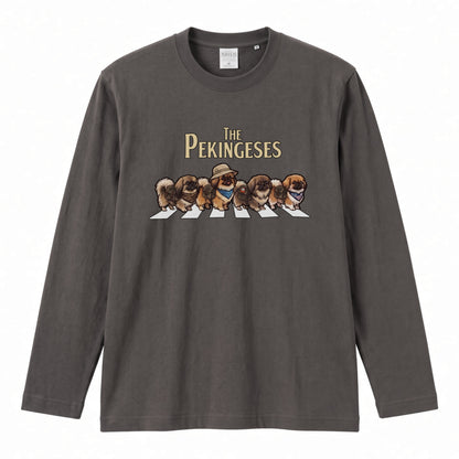 THE PEKINGESES ペキニーズ散歩デザイン ブラック長袖Tシャツ