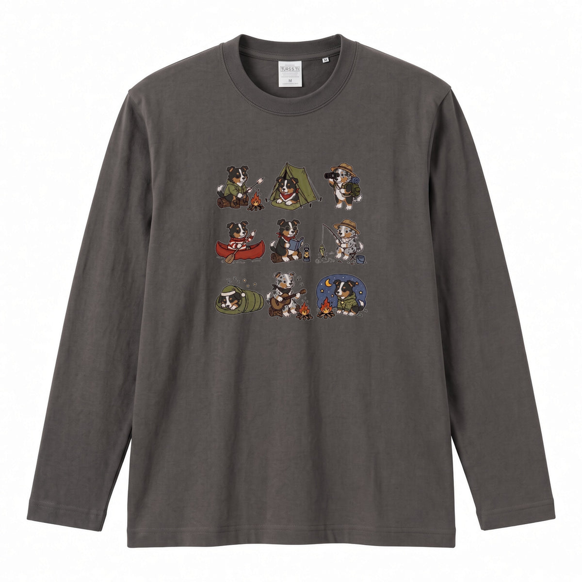 AUSTRALIAN SHEPHERD CAMP | 手描き風 オージー キャンプギア かわいい グラフィック 長袖Tシャツ【犬雑貨・秋キャンプ・ルームウェア・ギフトに最適】