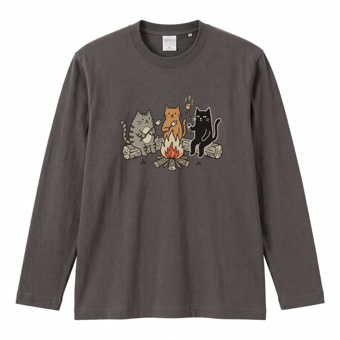 猫たちの焚き火マシュマロ 長袖Tシャツ
