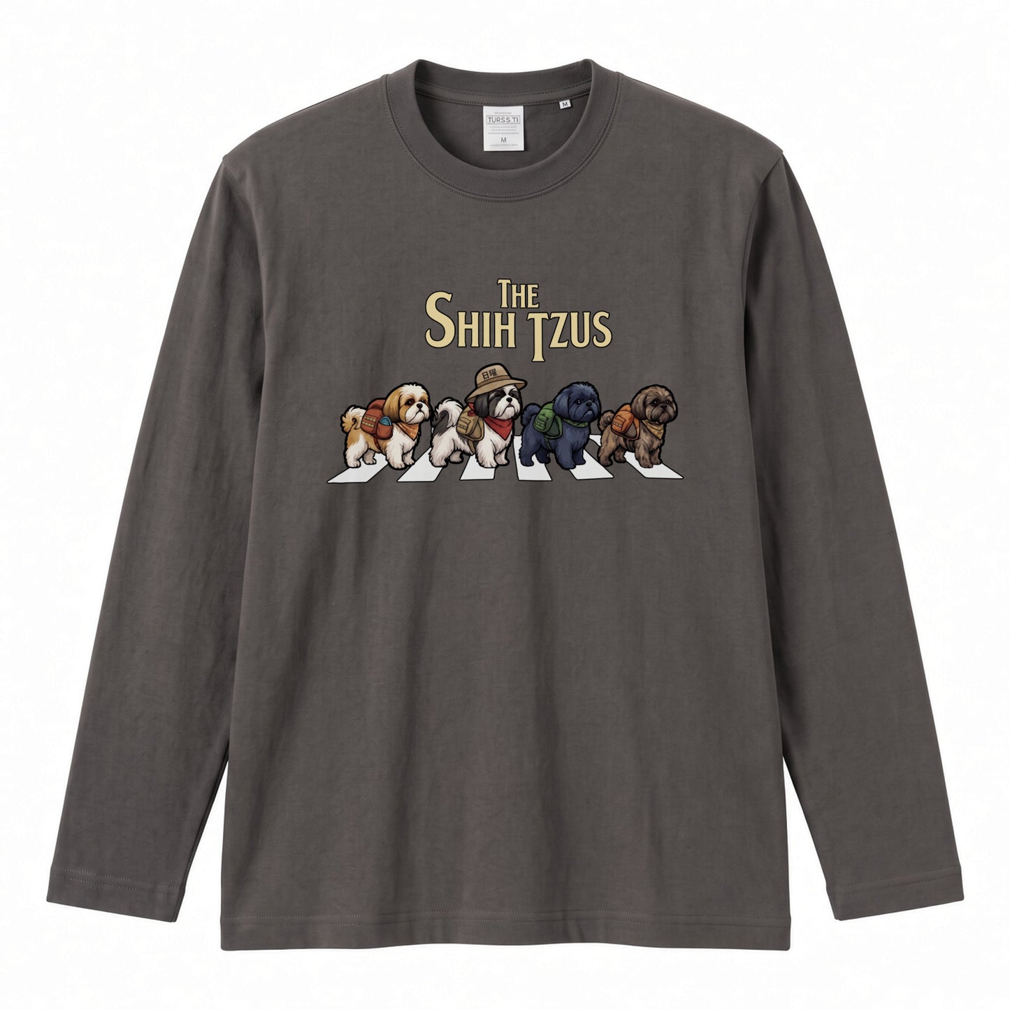 THE SHIH TZUS シーズー散歩デザイン ブラック長袖Tシャツ