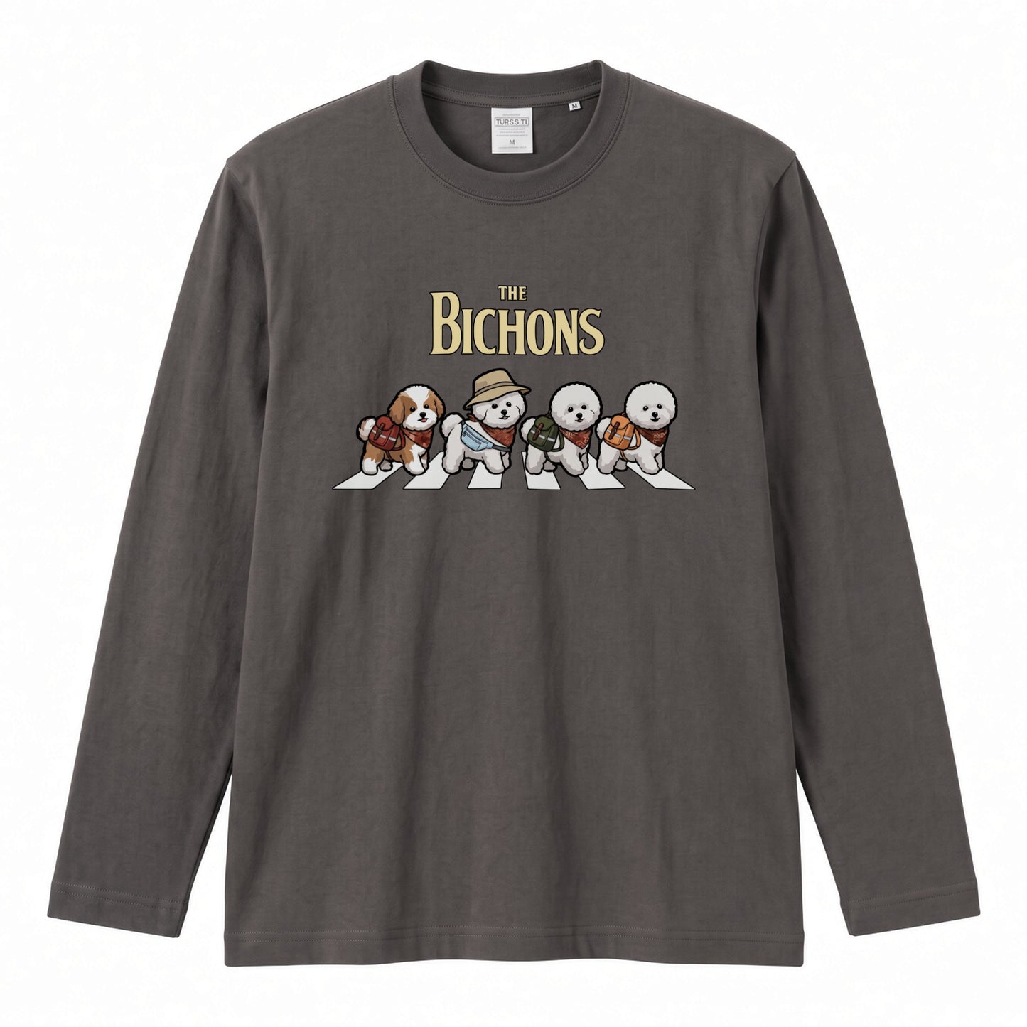 THE BICHONS ビションフリーゼ散歩デザイン ブラック長袖Tシャツ