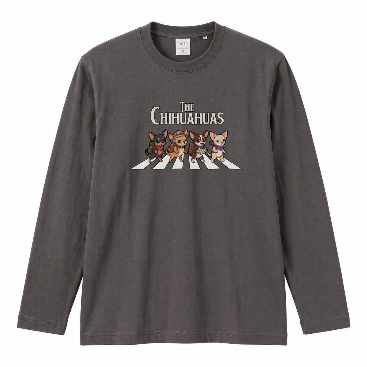THE CHIHUAHUAS | チワワ 横断歩道 バンド風 ロンT 長袖Tシャツ 犬好き ロック【チワワグッズ・愛犬家・散歩・おもしろ・かわいい・誕生日ギフトに最適】