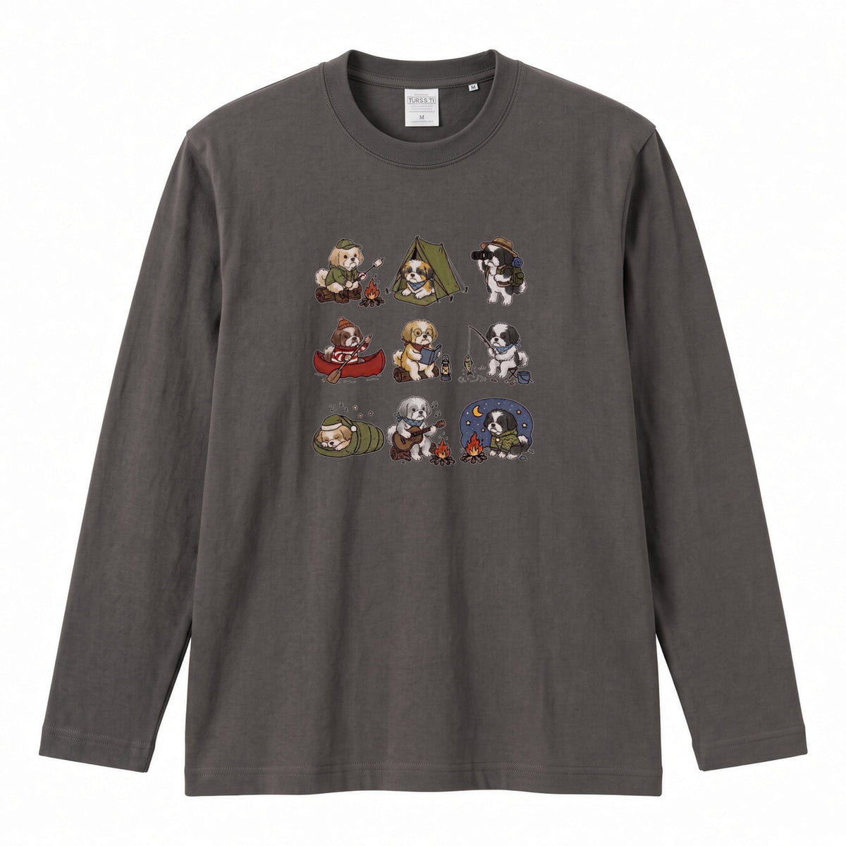 SHIH TZU CAMP | 手描き風 シーズー キャンプギア かわいい グラフィック 長袖Tシャツ【犬雑貨・秋キャンプ・ルームウェア・ギフトに最適】