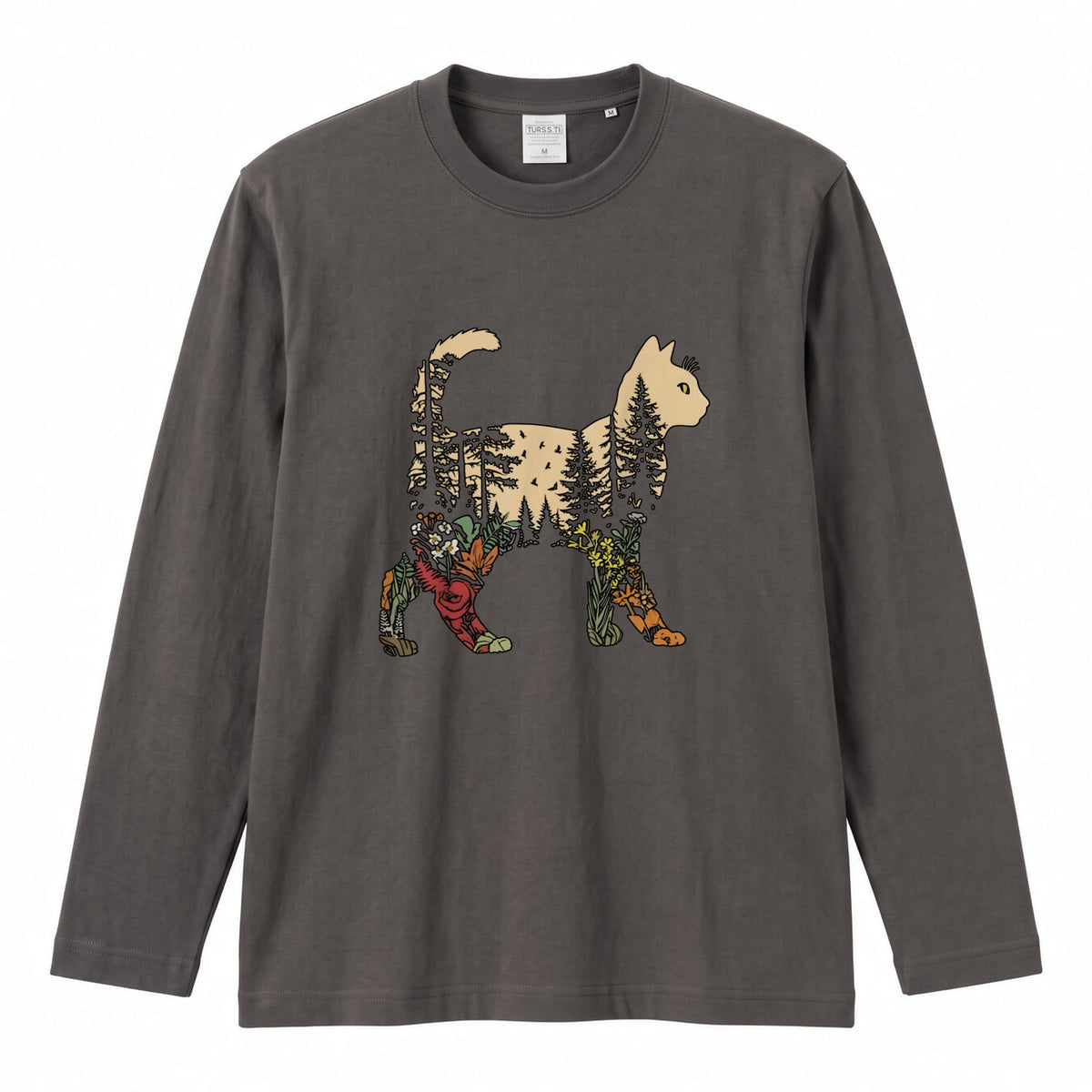 FOREST CAT ロンT | レトロ ボタニカルキャット アートグラフィック 長袖 カジュアル Tシャツ【猫ファッション・普段着・ルームウェア・ユニセックス・ギフトに最適】