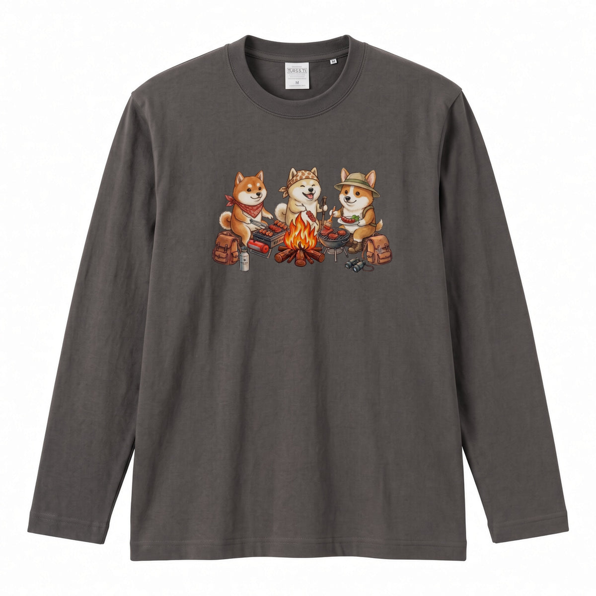 柴犬たちの焚き火BBQ 長袖Tシャツ
