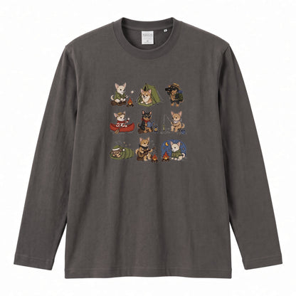CHIHUAHUA CAMP | 手描き風 チワワ キャンプギア かわいい グラフィック 長袖Tシャツ【犬雑貨・秋キャンプ・ルームウェア・ギフトに最適】