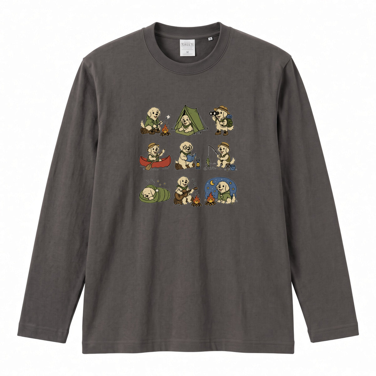 GOLDEN CAMP | 手描き風 ゴールデンレトリバー キャンプギア かわいい グラフィック 長袖Tシャツ【犬雑貨・秋キャンプ・ルームウェア・ギフトに最適】