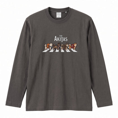 THE AKITAS | 秋田犬 横断歩道 バンド風 ロンT 長袖Tシャツ 日本犬 犬好き ロック【秋田犬グッズ・愛犬家・散歩・おもしろ・かわいい・誕生日ギフトに最適】