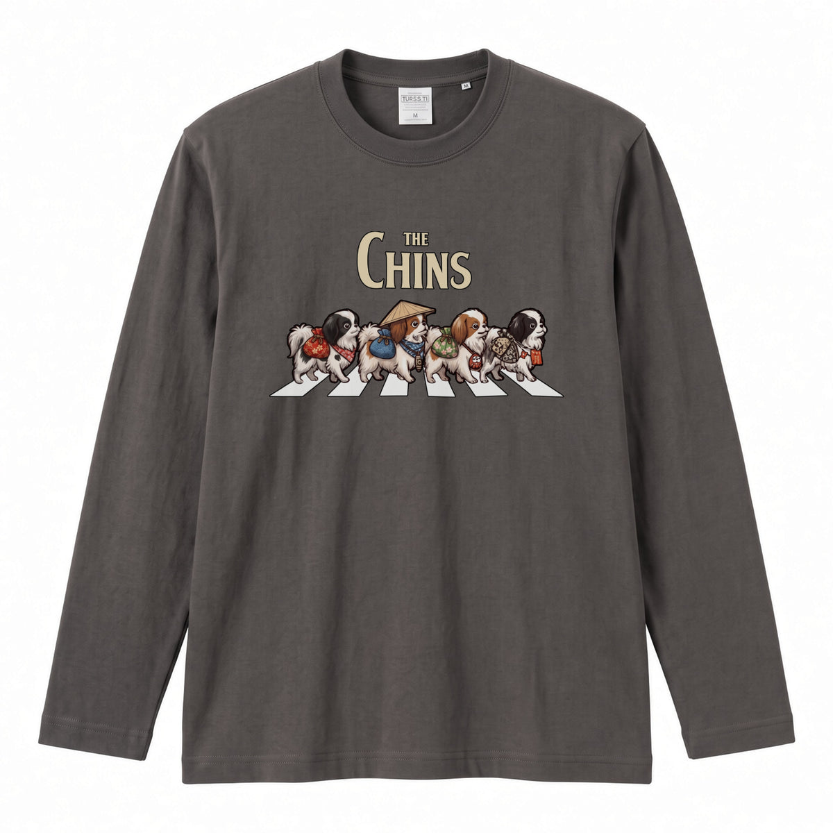 THE CHINS 狆（ちん）散歩デザイン ブラック長袖Tシャツ