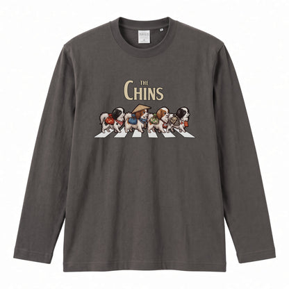 THE CHINS 狆（ちん）散歩デザイン ブラック長袖Tシャツ