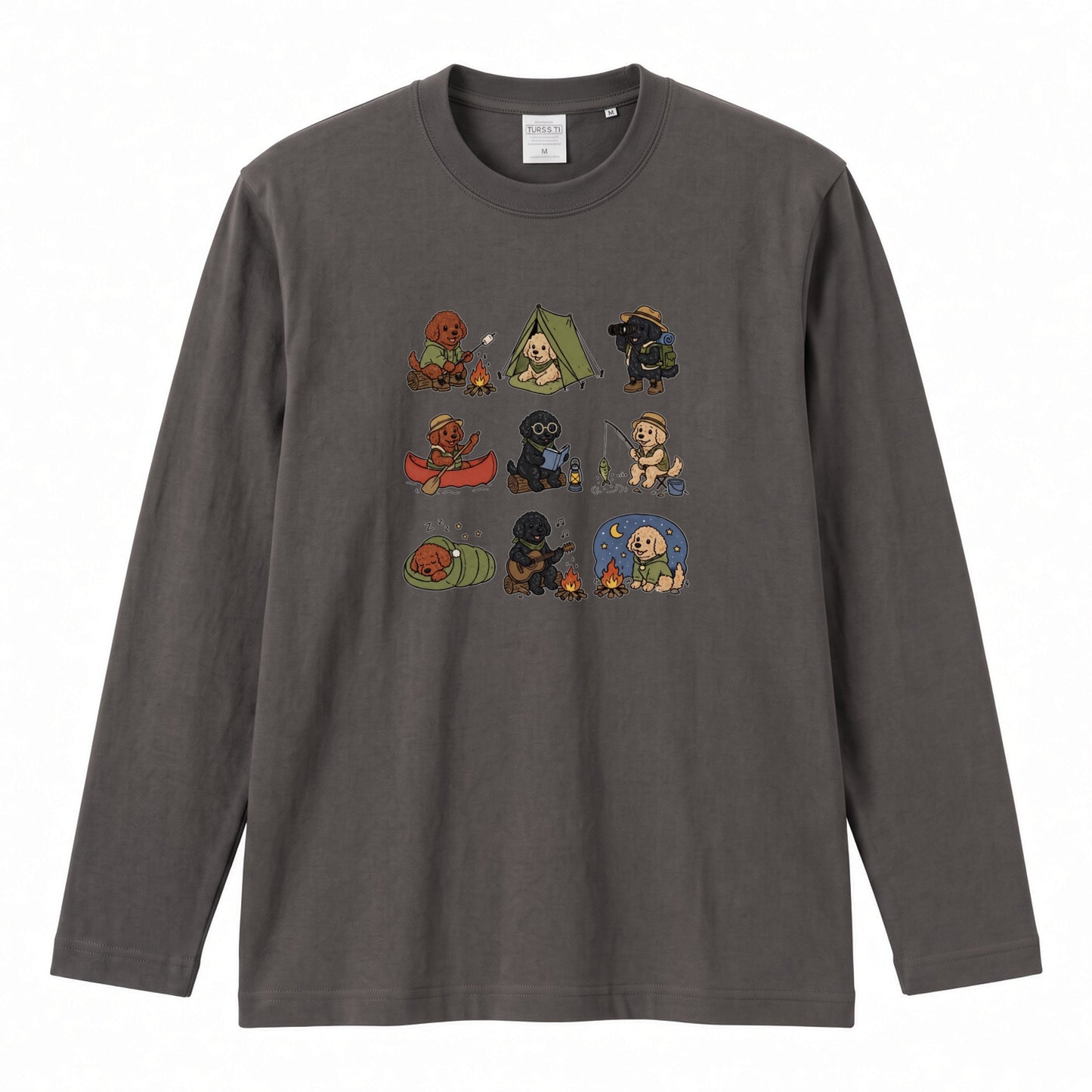 POODLE CAMP | 手描き風 トイプードル キャンプギア かわいい グラフィック 長袖Tシャツ【犬雑貨・秋キャンプ・ルームウェア・ギフトに最適】