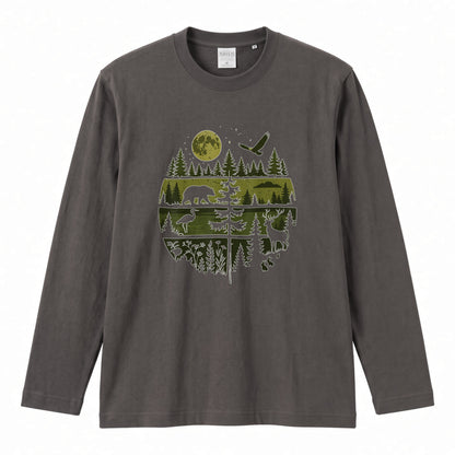 WILDLIFE FOREST ロンT | レトロ サークルグラフィック 森林浴 長袖 カジュアル Tシャツ【アウトドアファッション・普段着・ルームウェア・ユニセックス・ギフトに最適】